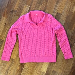Classic Cable-Knit V-Neck Polo Sweater in hot Pink